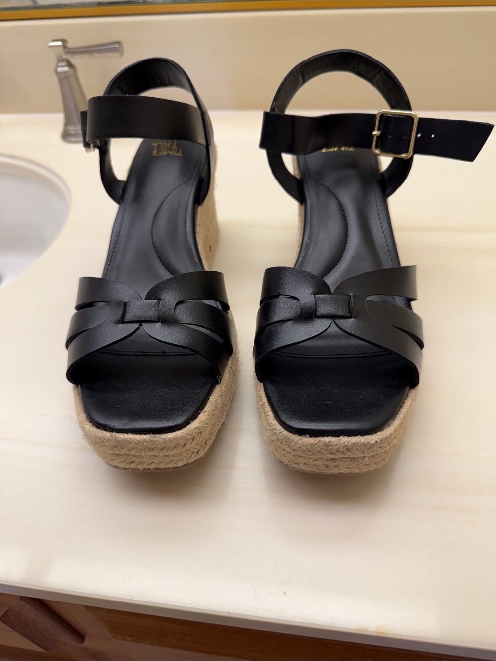 Time and Tru Black Espadrille Wedge Sandals with Ankle Buckle